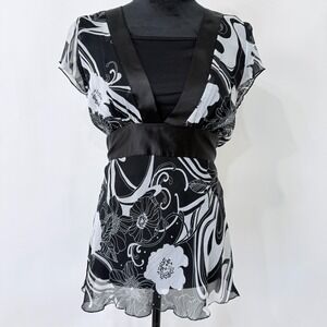 Y2K Wrapper Babydoll Dark Fairy Top Size M Black White Floral Chiffon Tie Back